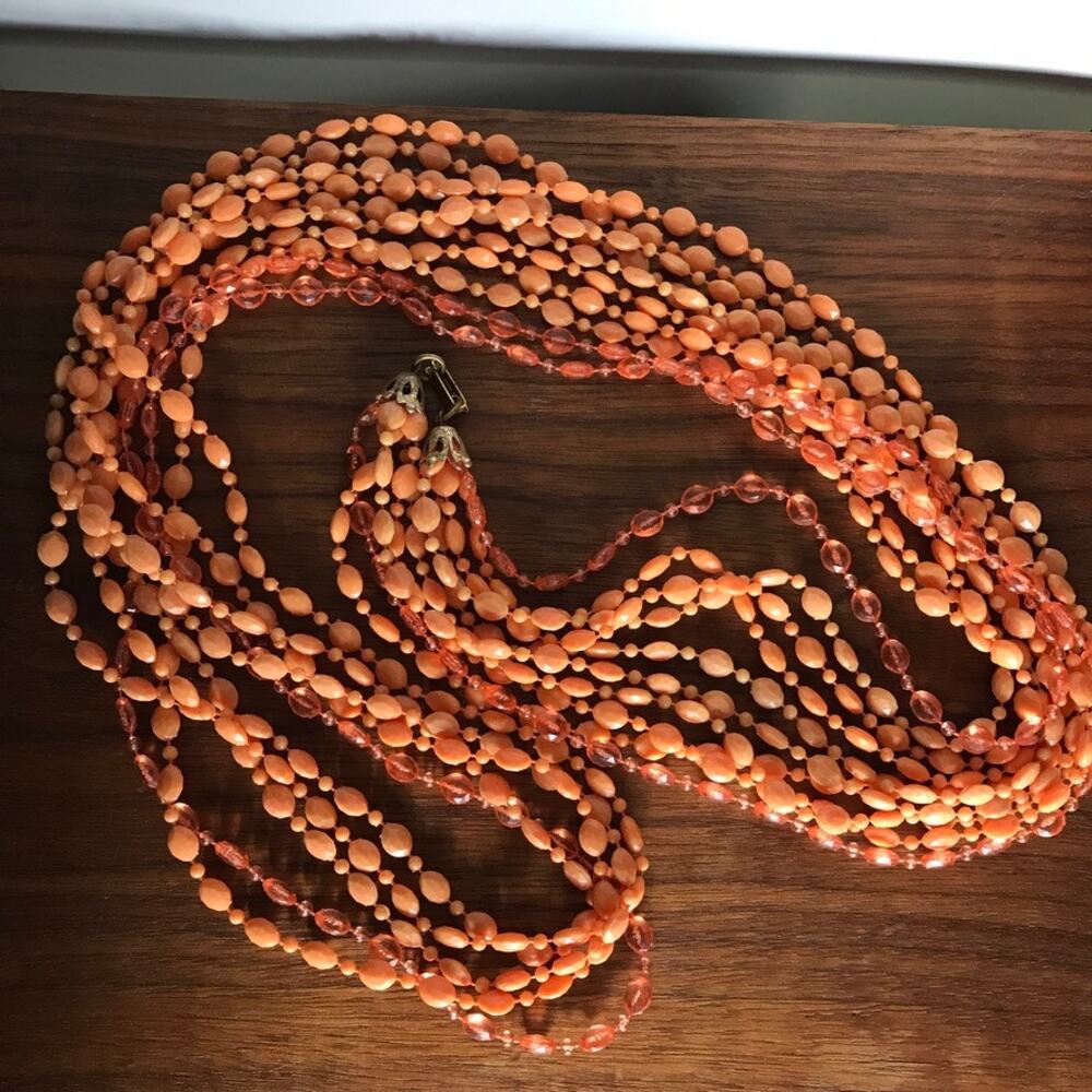 Vintage Mod groovy hippie LONG Orange Plastic Beaded Necklace (3 strand) 54"